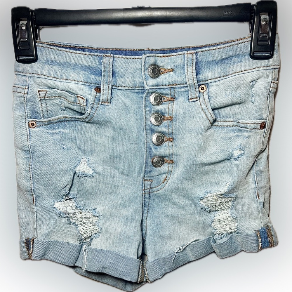 Aeropostale Super High Rise MIDI Light Blue Distressed Jean Shorts - Picture 2 of 5